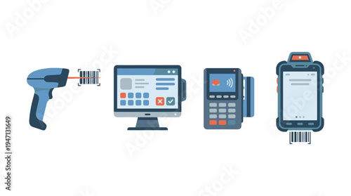 Modern Retail Technology Icons Barcode Scanner POS Terminal Computer Monitor Handheld Device.