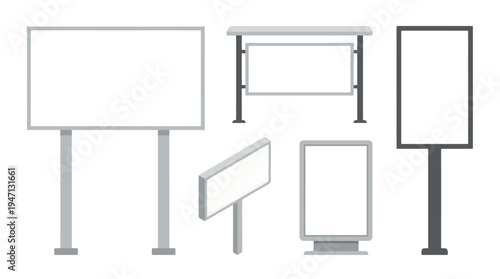 Set of blank outdoor advertising billboards street signs and display stands in a minimalist flat vector design.