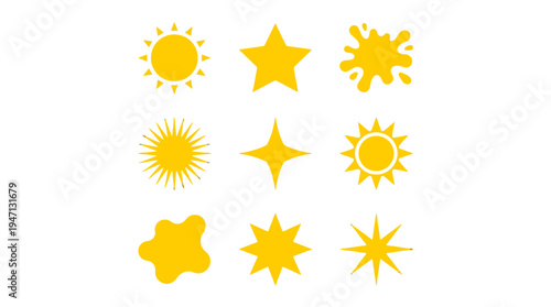 Set of nine yellow graphic suns stars and splatters featuring diverse shapes and styles.