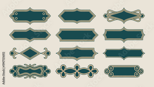 Canvastavla An assortment of ornate teal and gold decorative frames and labels are displayed