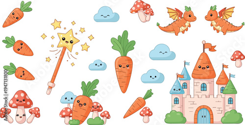 Cute fantasy carrot characters collection with magic wand castle dragons clouds mushrooms and stars whimsical cartoon vegetable fairytale elements vector illustration set