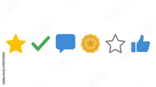 Vibrant flat design icons yellow star green checkmark blue speech bubble gold medal outline star blue thumbsup.