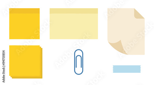 Vibrant office stationery set featuring yellow sticky notes beige paper blue paperclip and light blue tape.