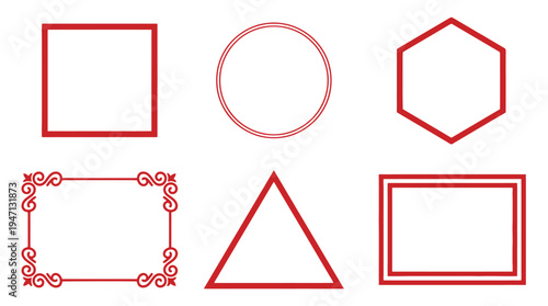 Vibrant red geometric and ornate frames square double circle hexagon triangle and rectangular borders with clean lines.