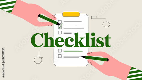 An illustrative image displays two hands checking off items on a clipboard with the prominent text checklist below it high quality professional detailed modern elegant stylish