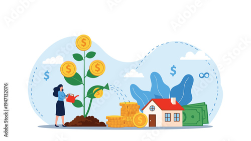 Businesswoman waters a plant growing large gold coins representing investment growth and financial savings for a new home purchase.