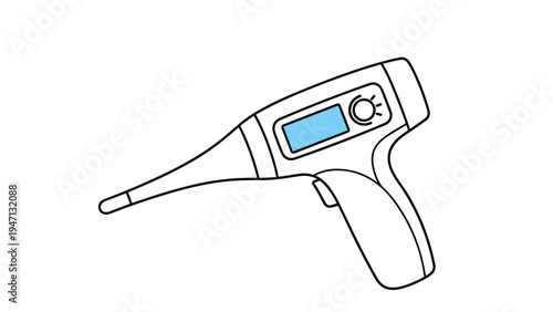 Modern white digital ear thermometer with a blue screen and light sensor for measuring body temperature and detecting a fever.