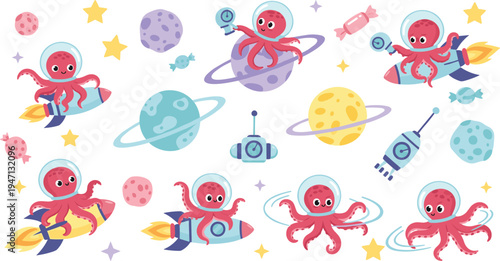 Cute octopus astronauts in space collection with rockets planets stars candy and robots adorable cartoon sea creature cosmonauts vector illustration set
