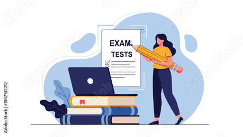 Young woman uses a giant yellow pencil to fill out an exam test form alongside stacks of books and a laptop computer.