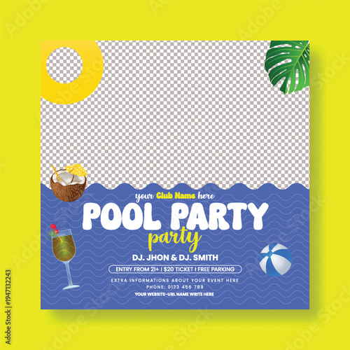 Summer Holiday Pool Party Social Media Square Flyer Template, Tropical Beach Background, Palm Trees, Vacation Marketing, Editable Poster Design, Online Sale Promotion, Promotional Advertisement