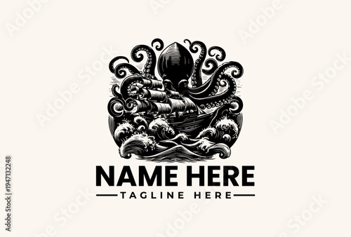 A black and white illustration of a ship surrounded by swirling waves and sea spray, with a placeholder name and tagline in a bold, modern font against a clean white background.