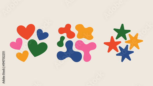 A colorful arrangement of abstract shapes including hearts stars and blobs scattered across a pale beige background high quality professional detailed modern elegant stylish clean crisp