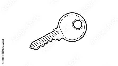 Simple black and white line drawing of a standard metal door key showing the head and the grooved blade used for locks.