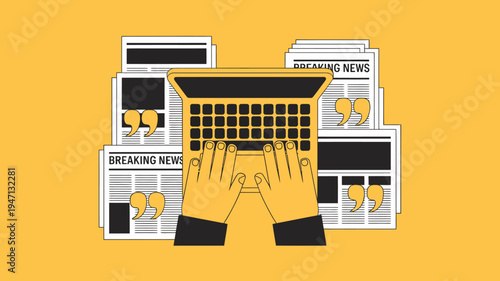 A minimalist illustration depicts hands typing on a laptop keyboard surrounded by stacked newspapers with breaking news headlines high quality professional detailed modern elegant stylish clean