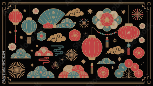 An ornate art deco style illustration depicts traditional chinese lanterns stylized clouds and floral elements against a dark background high quality professional detailed modern elegant stylish