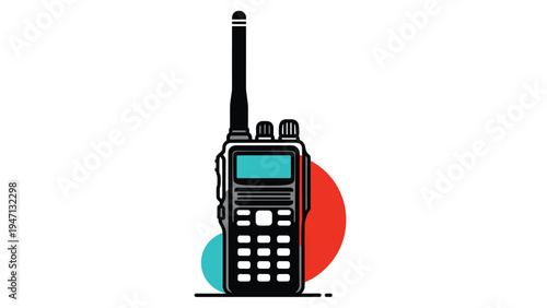 Professional black walkie-talkie radio device with a tall antenna and colorful abstract circles in the background for communication.