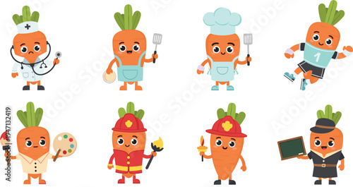 Cute carrot characters in different professions collection including doctor chef artist firefighter teacher and worker cartoon vegetable mascots vector illustration set