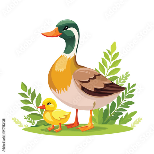 Cartoon duck and duckling illustration on green grass with foliage
