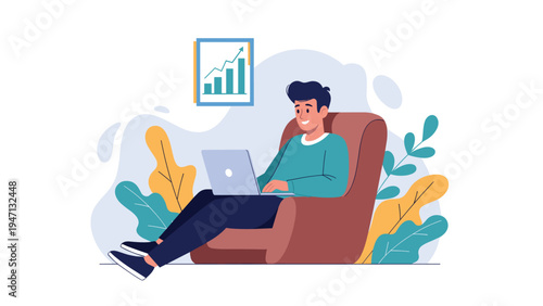Content man works on a laptop while relaxing in a comfortable armchair against a backdrop of a successful business growth chart.