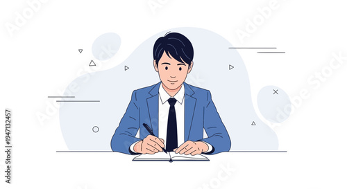 Young businessman writing in notebook at desk, professional illustration