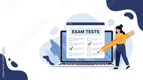 Student uses a giant yellow pencil to complete a digital exam test displayed on a laptop screen against a creative blue background.
