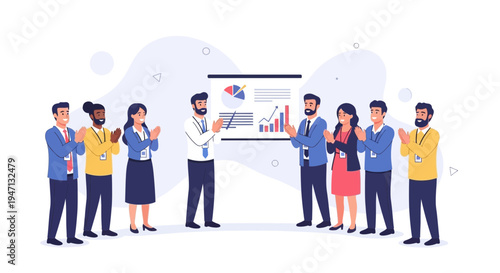 Business team applauding a presenter after a successful presentation with charts.