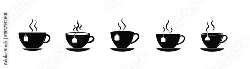 coffee and tea cup silhouette icon featuring hot beverage mug steaming espresso, herbal tea bag latte breakfast drink more vector illustration or editable stroke.