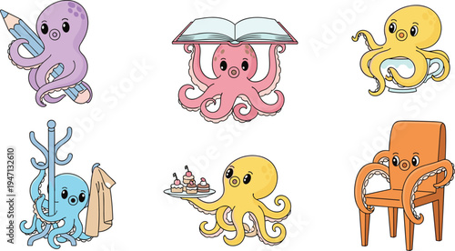 Cute cartoon octopus characters doing everyday activities drawing reading serving cupcakes hanging clothes and sitting on chair playful sea creature vector illustration set