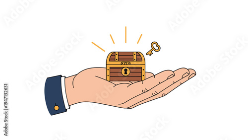 Human hand in a business suit holding a small wooden treasure chest with an glowing aura and a golden key floating nearby.