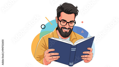 Young man with a beard and glasses smiles warmly while reading a large blue book against a colorful abstract background.