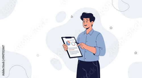 Man presenting financial report with pie chart on clipboard, business analytics concept