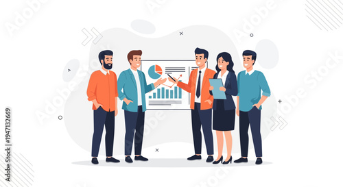 Business team presenting financial data on a whiteboard, teamwork and success concept