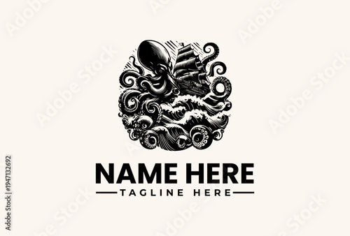 Black and white illustration of a stylized octopus wrapped around a horn, surrounded by swirling waves and curls, with a placeholder name and tagline on a beige background.