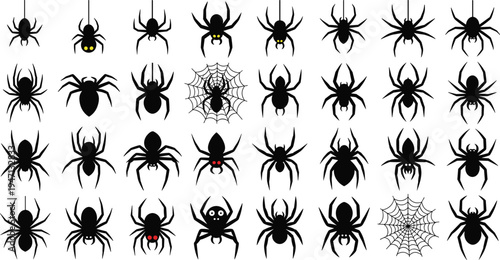 Black vector silhouettes of various spiders and spider webs isolated on white background featuring different arachnid shapes for Halloween and spooky nature designs.