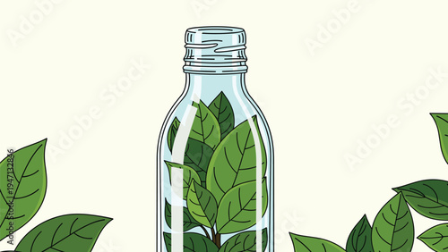 Clear glass bottle completely filled with fresh green leaves representing natural extracts, herbal medicine, or environmental conservation.