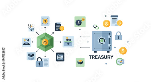 Corporate Treasury Management Ecosystem Diagram: Financial Risk Flowchart, Asset Security, and Fund Control System Vector Illustration