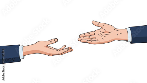 Two human hands in dark blue business suit sleeves reaching out toward each other for a handshake or a helping gesture.