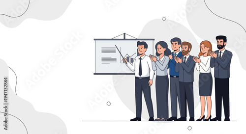 Business team applauds presenter by whiteboard, successful meeting concept