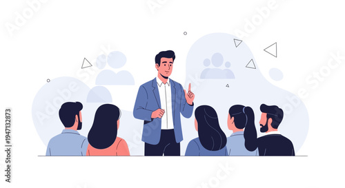 Business presentation: speaker addressing an audience in a modern office setting