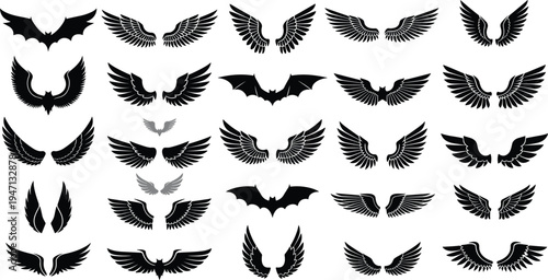 Black vector silhouettes of various wings including bird wings eagle feathers and bat wings isolated on white background for heraldry and tattoo design.
