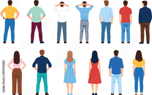 Cartoon group illustration of diverse people standing back view, colorful clothing styles, creative artwork for design, education, teamwork, diversity, and community projects.