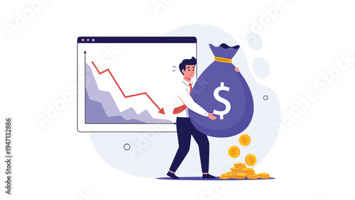 Distressed businessman struggles to hold a large money bag with falling coins next to a business chart showing a sharp decline.