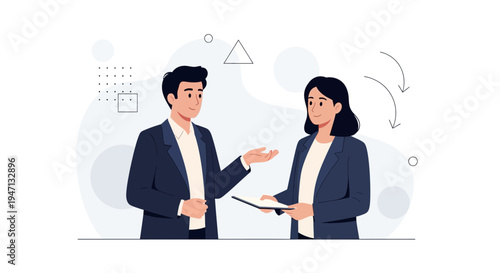 Business Meeting: Man and Woman Discussing Strategy with Tablet