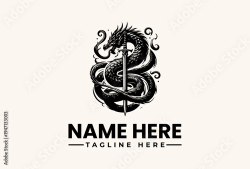 A black and white illustration of a dragon wrapped around a sword with a placeholder text for a logo or icon on a beige background.