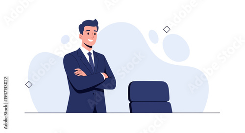 Confident businessman in suit with arms crossed, modern office background