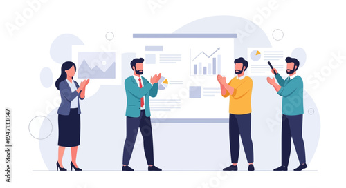 Business team applauding during a presentation with charts on a whiteboard
