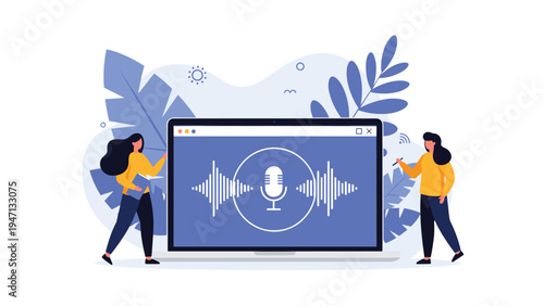 Two digital content creators standing next to a laptop screen displaying a microphone icon and audio sound wave frequencies.