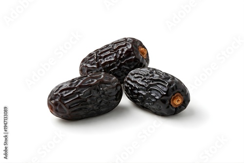 Ajwa Dates Minimal Trio Isolated on White Background, عجوة, کھجور, تمر, hurma, Premium Madinah Khajoor Dried Fruit Packshot, Healthy Organic Ramadan Snack Ingredient Food Product Photo