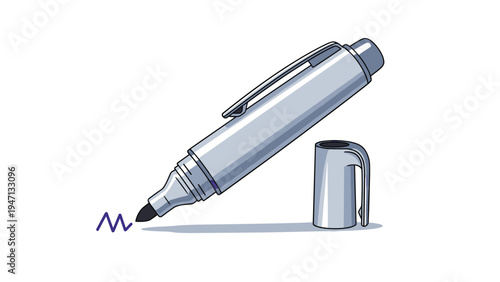 Large silver and blue permanent marker pen with its cap off standing next to it and a purple scribble on the surface.