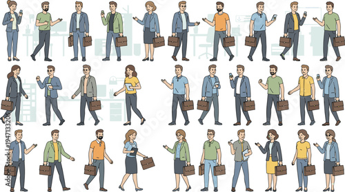 Large collection of diverse business professional vector characters in smart casual office attire carrying briefcases for corporate lifestyle and workplace career design projects.